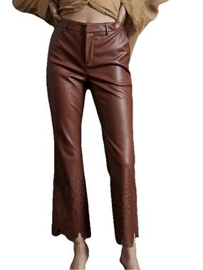 Anthropologie Faux Leather Pants Trousers Laser-Cut Ankle Crop Size 12 Taupe